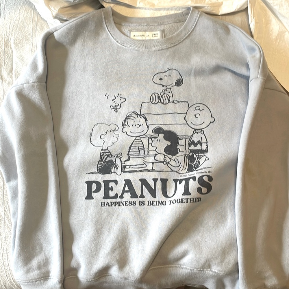 Blue, and black Abercrombie Peanuts Happiness Is Being Together sweater.